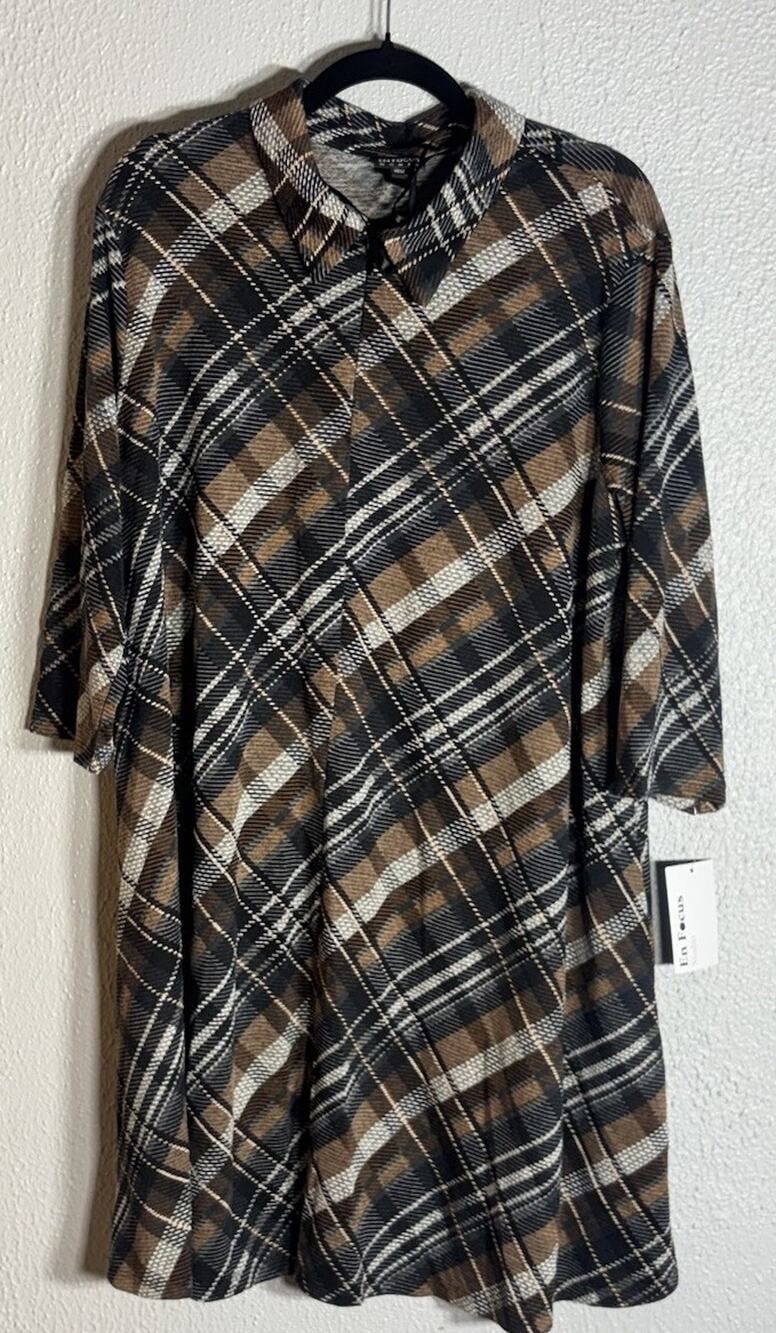 En Focus Women Plus 16W Plaid Collared 3/4 Sleeve Button Dress Pockets